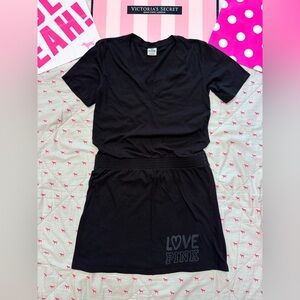 VS PINK VINTAGE Y2K TEE SHIRT ROUCHED BABYDOLL DRESS BLACK LOVE LOGO HTF RARE LG